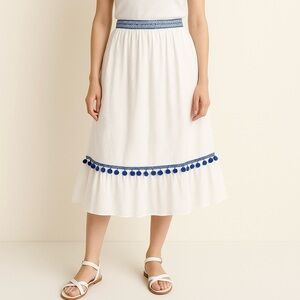 J. Crew White Eyelet Women’s Midi Peasant Tiered Pom Pom Skirt Sz XS